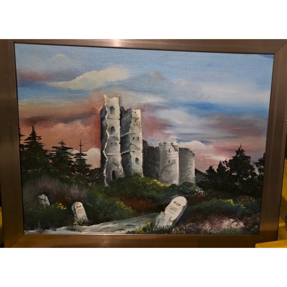 Vintage Oil Painting Jojo Ancient Ruins Tombstones Gothic Landscape Art 15x13
